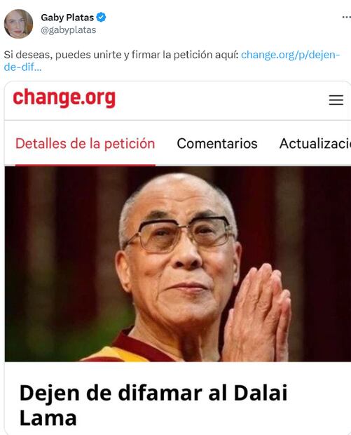 Publicación de Gaby Platas sobre el Dalai Lama. Foto: Captura vía Twitter.