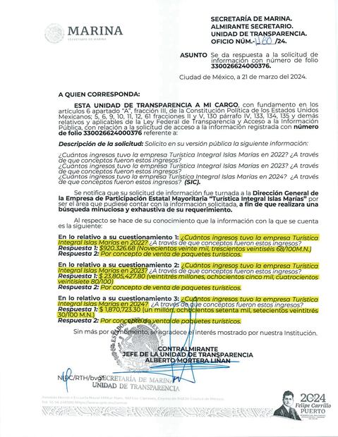 La Secretaría de Marina reporta tener ingresos, por ejemplo, en 2023 por 23 millones 805 mil pesos en paquetes turísticos, pero no
aporta los comprobantes, señala que “no se cuenta con comprobantes de ventas, toda vez que el control es a través del sistema”.