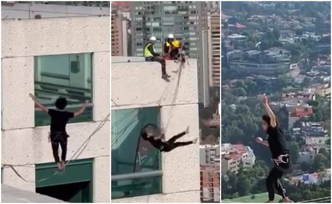 El tiktoker camino sobre una cuerda floja de una pulgada. Foto: Tomada de video
