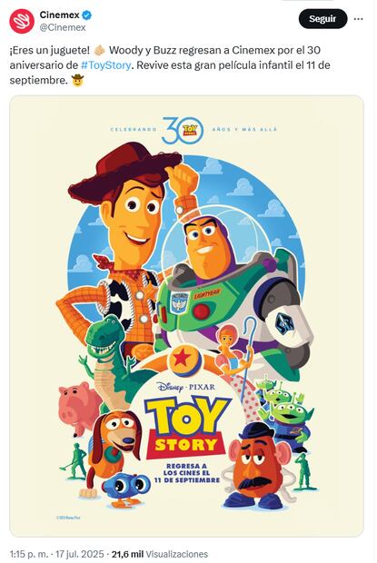 Cinemex reestrenará la película animada 'Toy Story' en sus salas de cine. Póster conmemorativo. Foto: Captura de pantalla