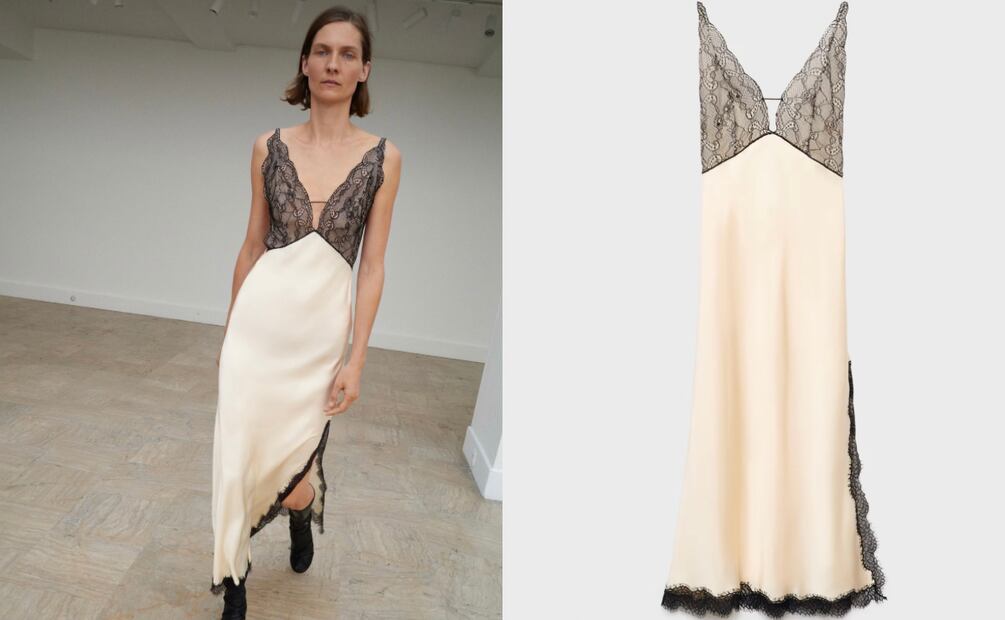 Mango eleva el slip dress con un diseño midi satinado, espalda abierta y detalles de encaje. Foto: Mango