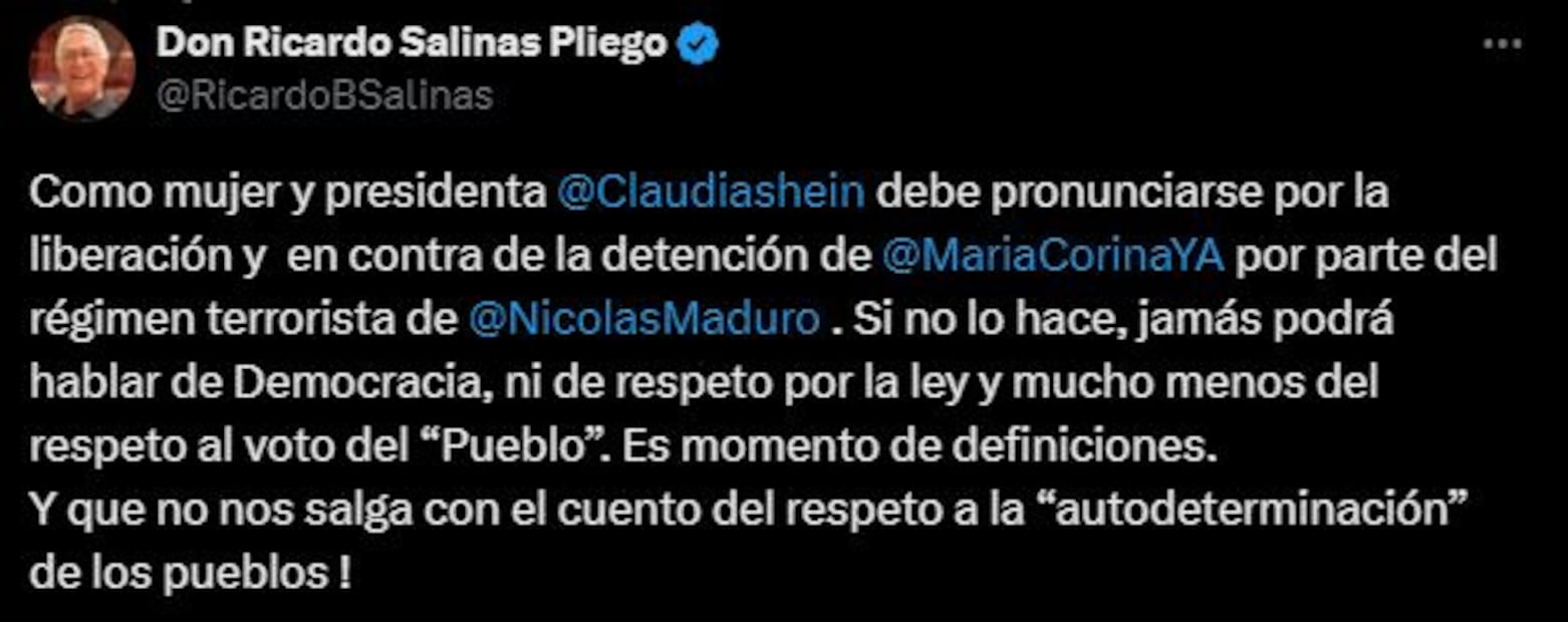 Salinas Pliego pide a Sheinbaum pronunciarse contra la detención de Maria Corina en Venezuela. Foto: Captura de pantalla