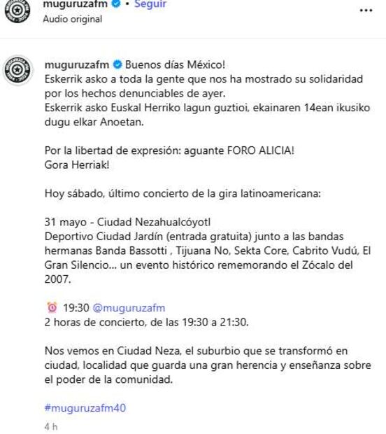 Mensaje de Fermín Muguruza tras el desalojo de su concierto en el Foro Alicia. Foto: Captura de pantalla