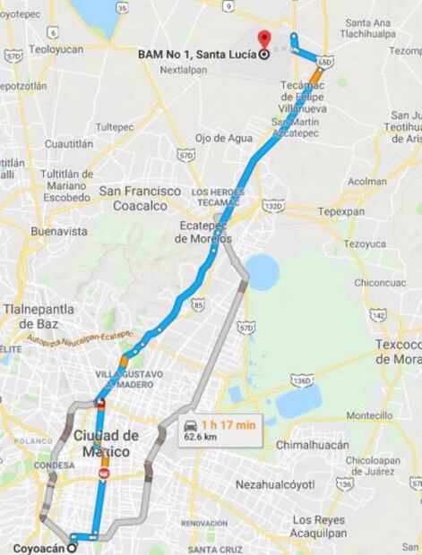 ¿Cuánto tiempo harás de la base de Santa Lucía al aeropuerto de la CDMX y al de Toluca?