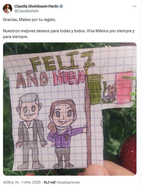 La presidenta Claudia Sheinbaum compartió en su cuenta de X, este 1 de enero del 2025, el dibujo que Mateo le hizo junto al expresidente López Obrador. Foto: Captura de pantalla de la cuenta de X de @Claudiashein