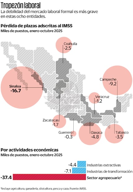 El empleo formal registra retroceso en ocho estados. Fuente: IMSS