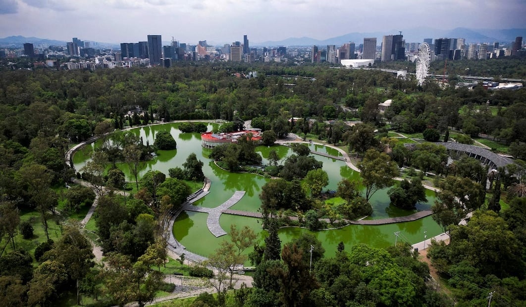 Imagen aérea que muestra el lago mayor de la Segunda Sección de Chapultepec en la Ciudad de México, el 20 de junio de 2025. Foto: AFP
