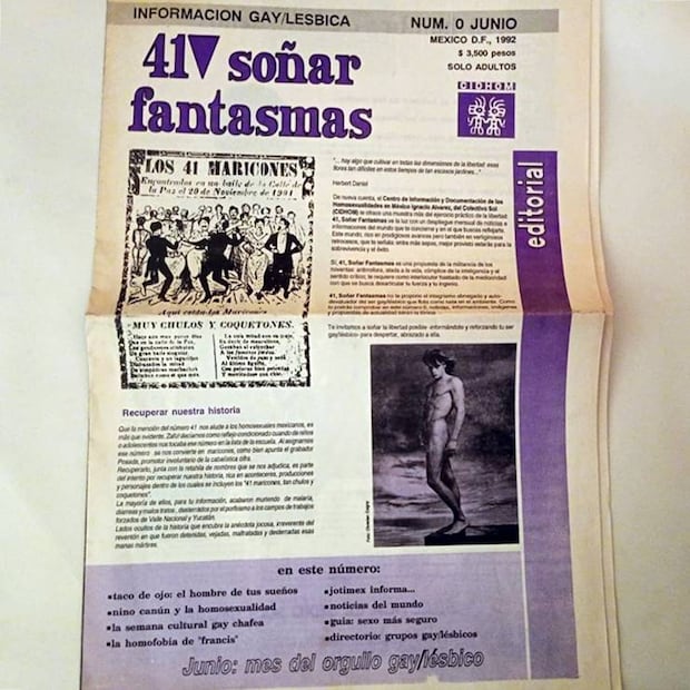 La revista 41 soñar fantasmas era otro ejemplo de publicaciones gay/lésbicas de los años 90, con contenidos de interés para la comunidad, su costo era de $3,500, entonces nuevos pesos. En este número también se publicó un texto del sexo seguro. Cortesía Alonso Hernández.