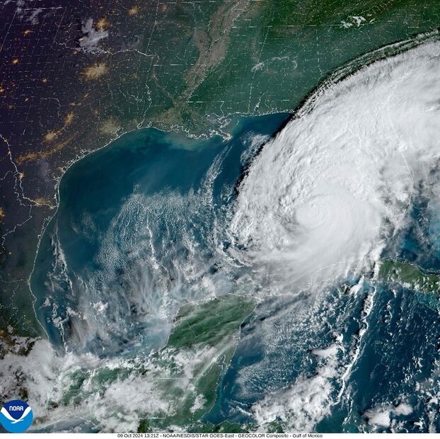 Tomas satelitales del paso del huracán Milton por el Golfo de México.
Foto: Administración Nacional Oceánica y Atmosférica (NOAA) / AFP