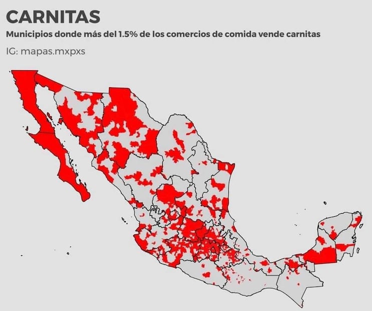 Mapas donde más se venden carnitas. Foto: mapas.mxpxs / Instagram