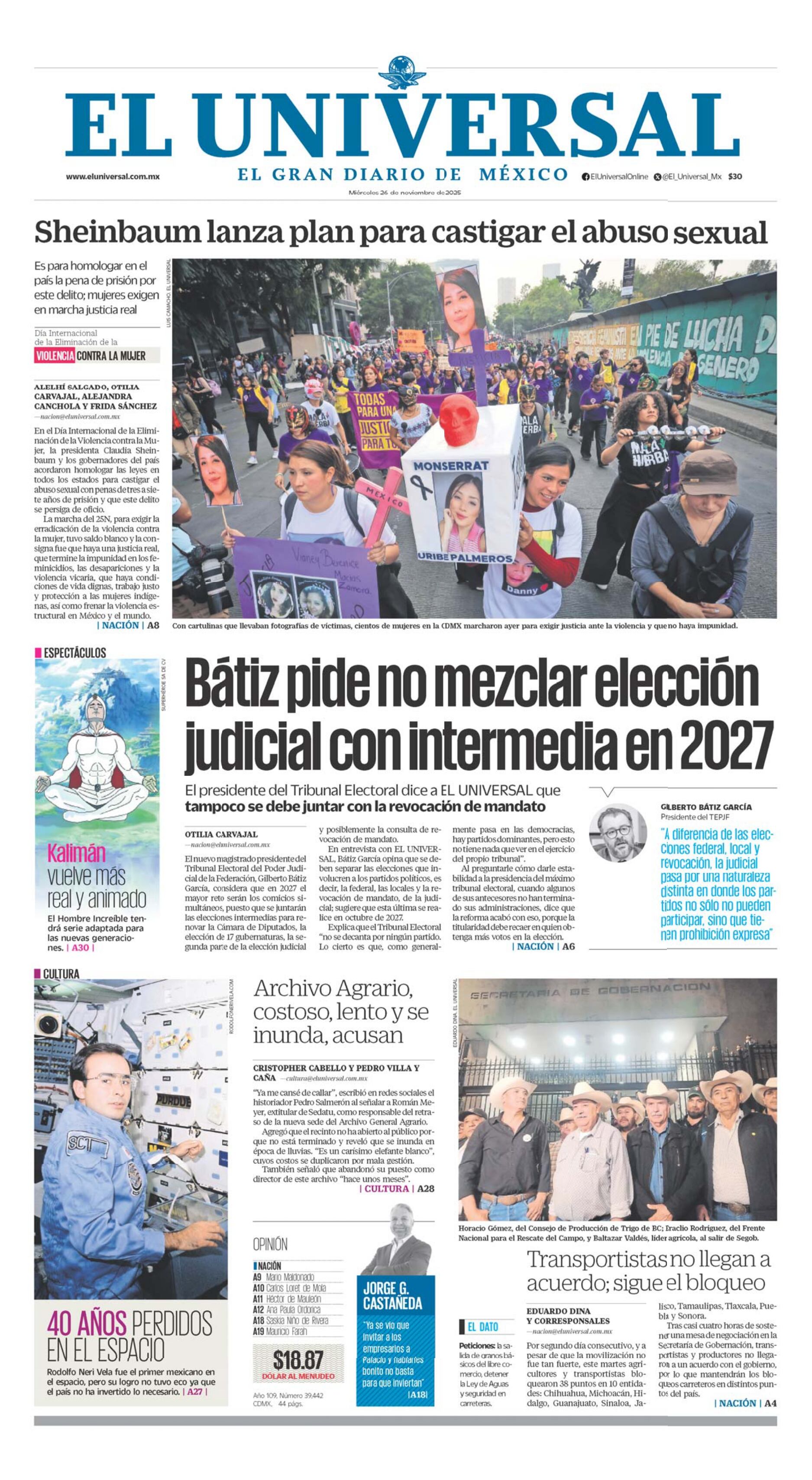 Portada impresa del 26 de noviembre de 2025