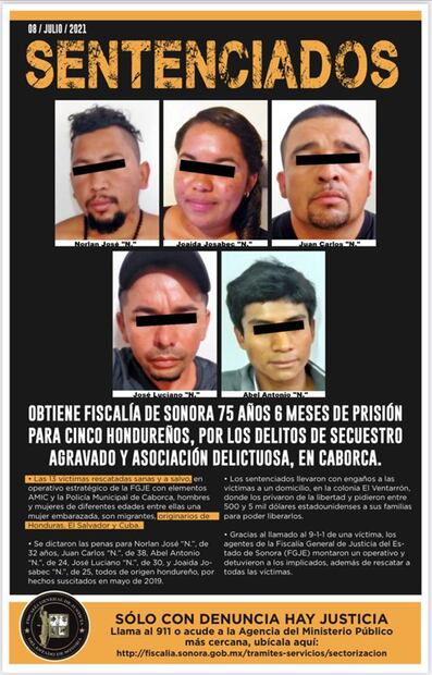 Dan 75 años de prisión a 5 hondureños por secuestro de migrantes en Caborca, Sonora