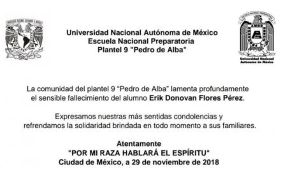 Confirman muerte de Erik Donovan, alumno de la Prepa 9 de la UNAM