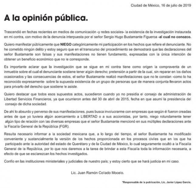 Juan Collado rechaza acusaciones de empresario inmobiliario
