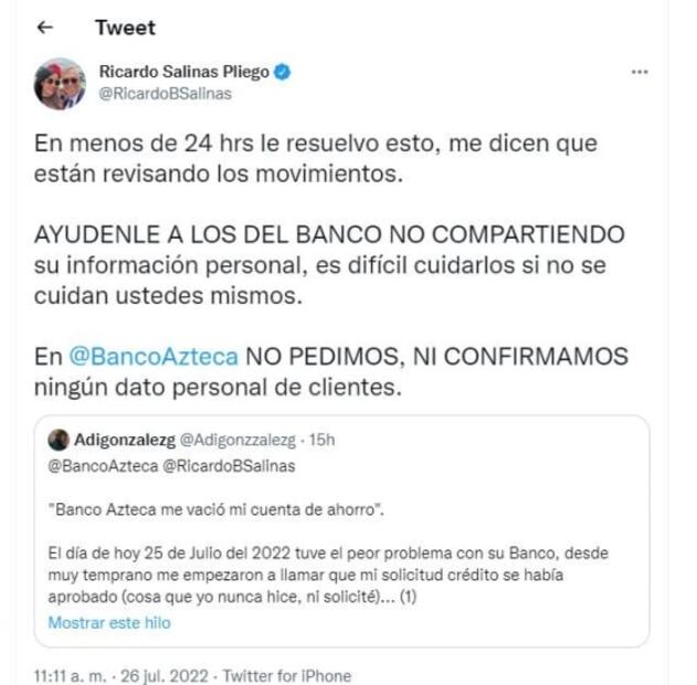 Ahora acusan a Banco Azteca de vaciar cuenta de ahorro; “es difícil cuidarlos si no se cuidan ustedes mismos”, responde Salinas Pliego 