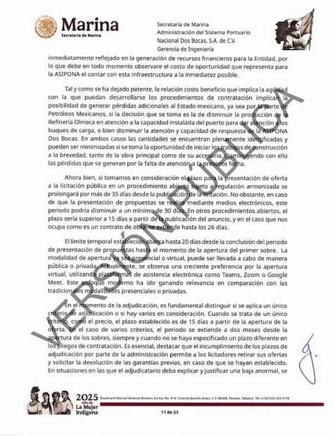 La Secretaría de Marina justificó la adjudicación directa señalando que la infraestructura se necesita “a la inmediatez posible”, y si lo hubiera hecho por licitación pública “el tiempo estimado desde el inicio hasta la formalización del contrato de la licitación asciende a 60-90 días como mínimo”.
