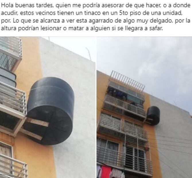 ¡No es broma! Cuelgan tinaco en balcón de Iztacalco; vecinos advierten peligro