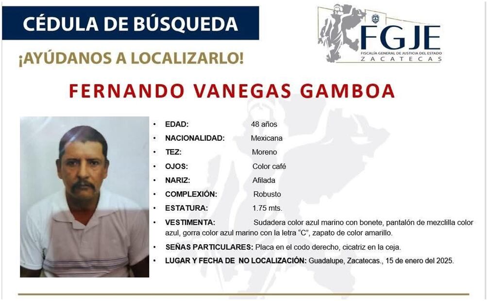 Fernando Vanegas Gamboa desapareció desde el pasado 15 de enero en Zacatecas (18/01/2025). Foto: Especial