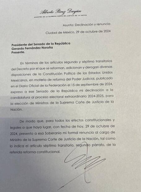 Carta de renuncia del ministro Alberto Pérez Dayán. Foto: Especial