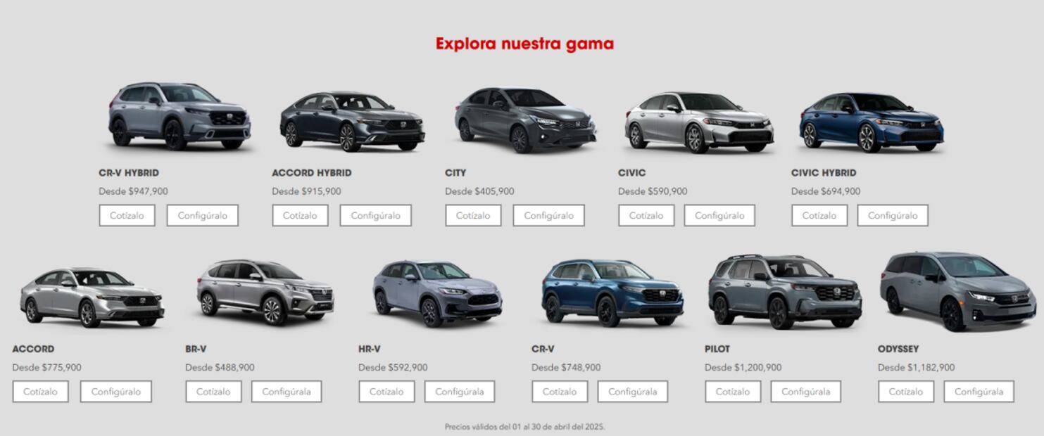 Modelos de autos de Honda en México. (15/04/25) Foto: Captura de pantalla HONDA MÉXICO