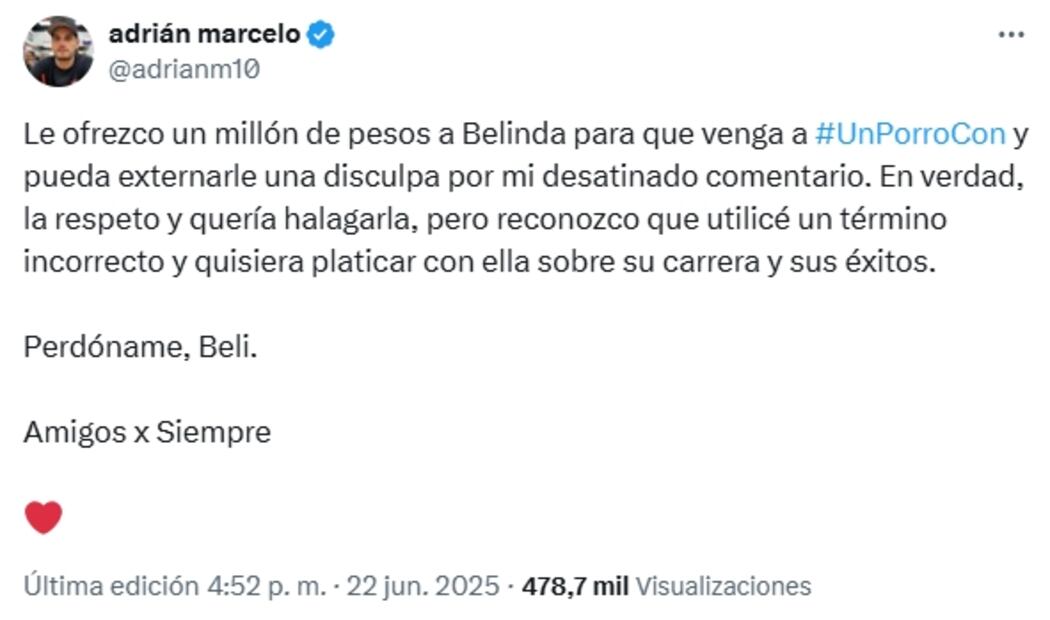 Adrián Marcelo toma curso de violencia de género tras comentario misógino contra Belinda; “me brotan ideas bien raras”. Fuente: X