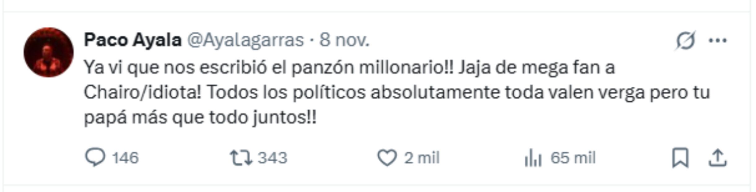 Tuit de Paco Ayala, de Molotov, del sábado 8 de noviembre. 
Imagen: X