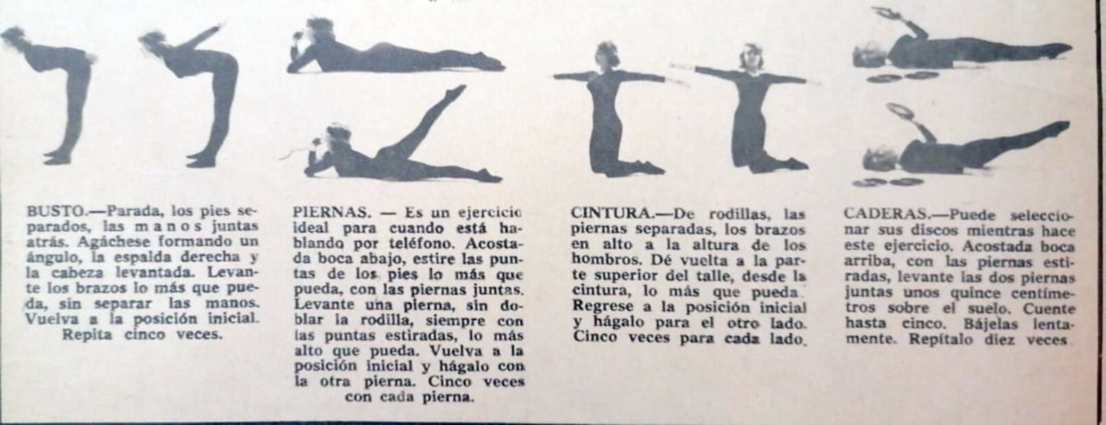 Una rutina de ejercicios y una dieta balanceada era la mejor fórmula para poder recobrar la línea. Aquí una propuesta de la revista Confidencias del año 1968. Colección Carlos Villasana.
