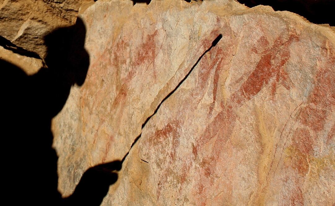 Fotografía de archivo de un arqueólogo señalando la pintura rupestre "Rainbeast" bosquimano en la reserva natural de Bushmanskloof. Foto: Archivo