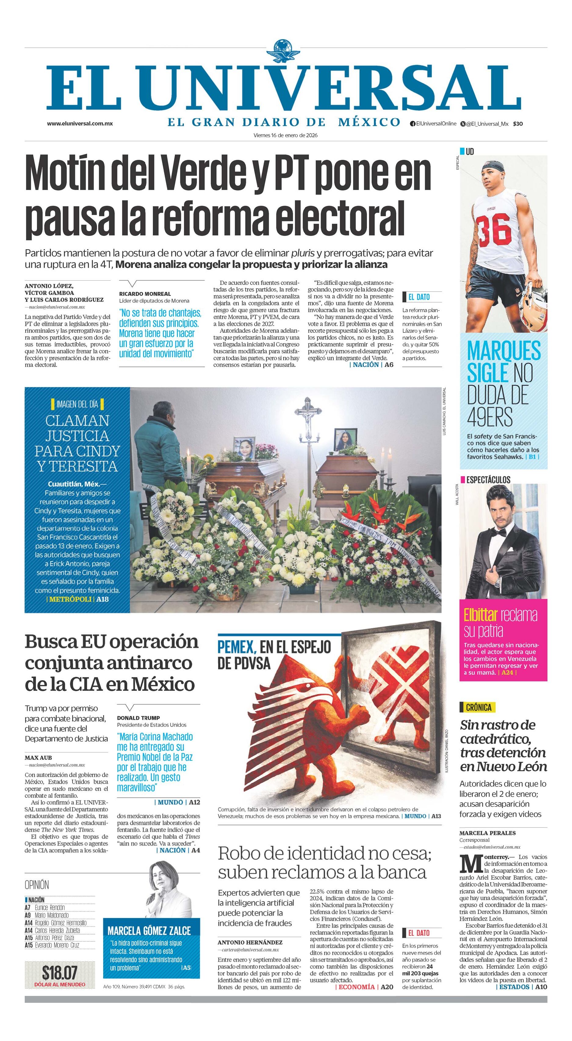 Portada impresa del 16 de enero de 2026