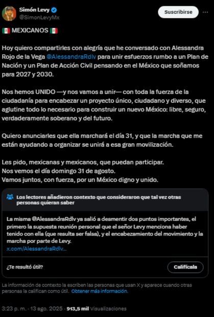 Post de Simón Levy. Foto: Captura tomada de la cuenta de X de @SimonLevyMx.