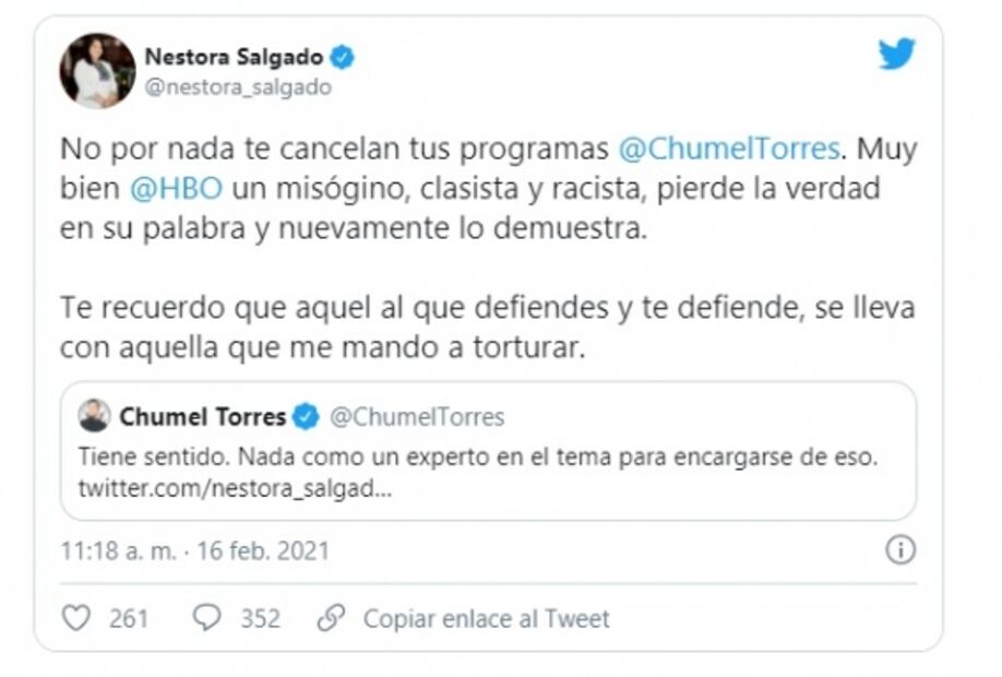 Chumel y Nestora Salgado se enfrentan en Twitter por iniciativa de senadora para modificar delito de tortura 