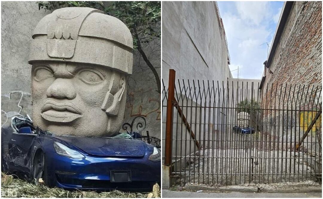 una escultura Olmeca colosal aplastando un automóvil Tesla en las calles de la Ciudad de México.
Foto: Captura de pantalla