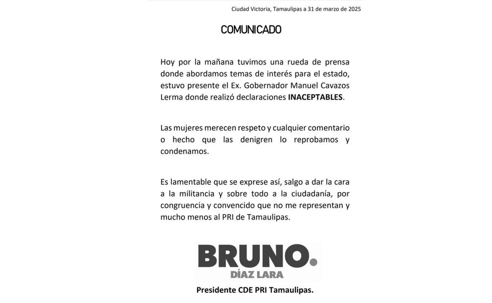 PRI de Tamaulipas califica como “declaraciones inaceptables” las hechas por el ex gobernador Manuel Cavazos Lerma (31/03/2025). Foto: Especial