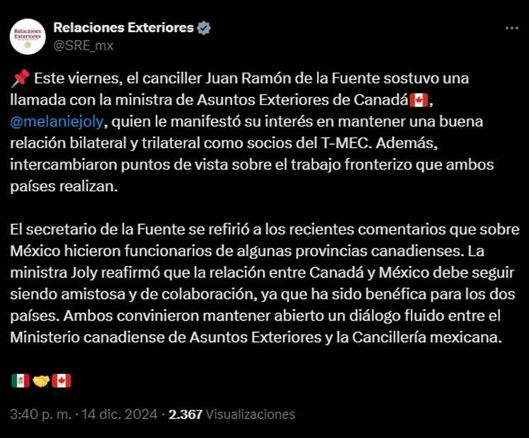 Este viernes 13 de diciembre del 2024, el canciller Juan Ramón de la Fuente sostuvo una llamada con la ministra de Asuntos Exteriores de Canadá, Mélanie Joly. Foto: Captura de pantalla de la cuenta de X de @SRE_mx