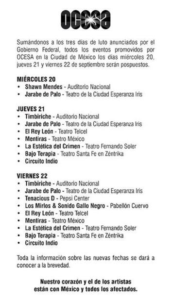Entérate. Timbiriche, Syntek... los espectáculos cancelados
