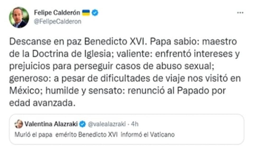Políticos y funcionarios de México lamentan muerte de Benedicto XVI