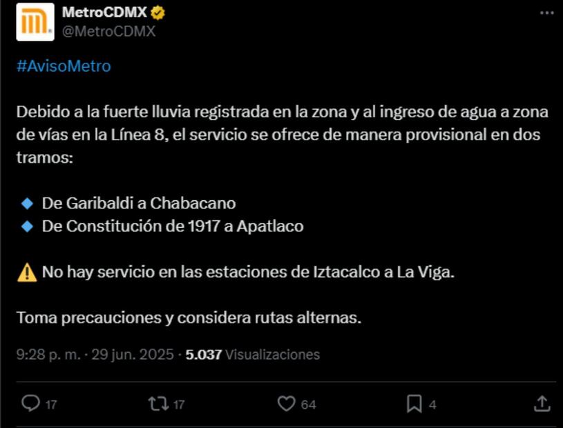 "Toma precauciones y considera rutas alternas", recomendó el Metro. Foto: Captura