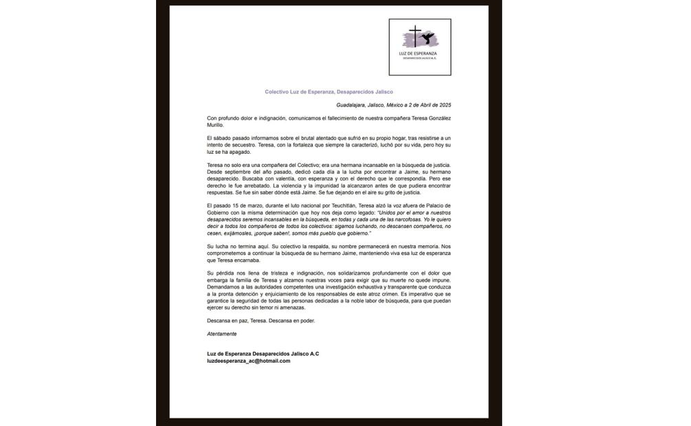 Colectivo Luz de Esperanza Desaparecidos de Jalisco lamentó el fallecimiento de la buscadora (02/04/2025). Foto: Colectivo