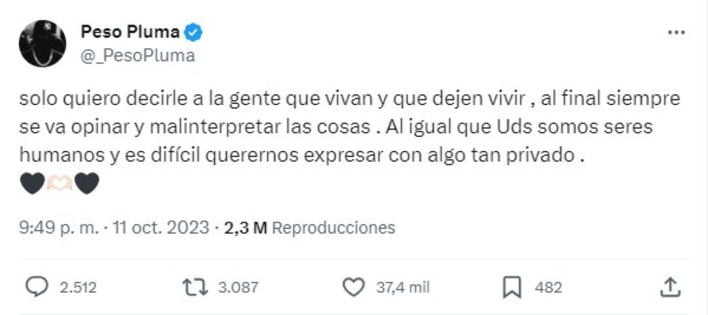 Peso Pluma aclaró lo sucedido con Nicki Nicole. Foto: Twitter @_PesoPluma