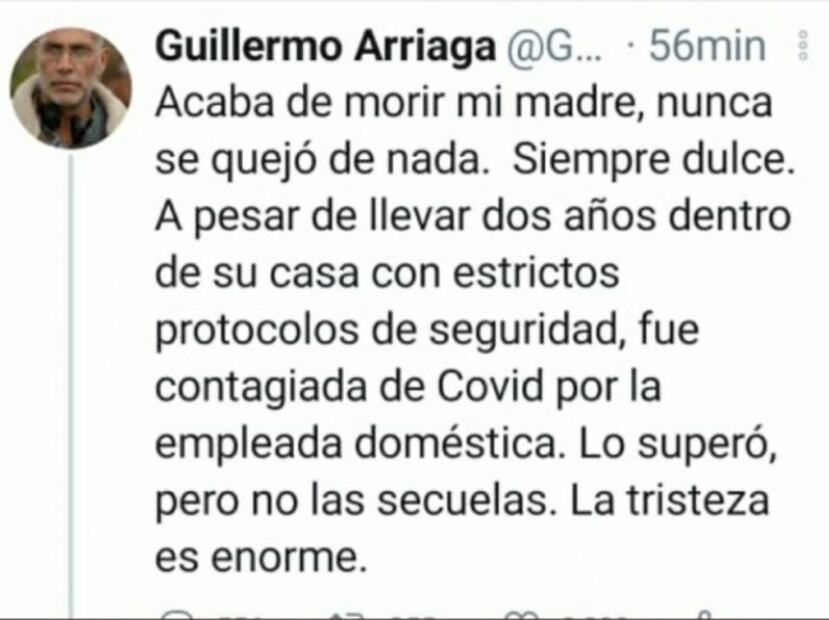 "La voy a extrañar mucho": Guillermo Arriaga lamenta muerte de su madre