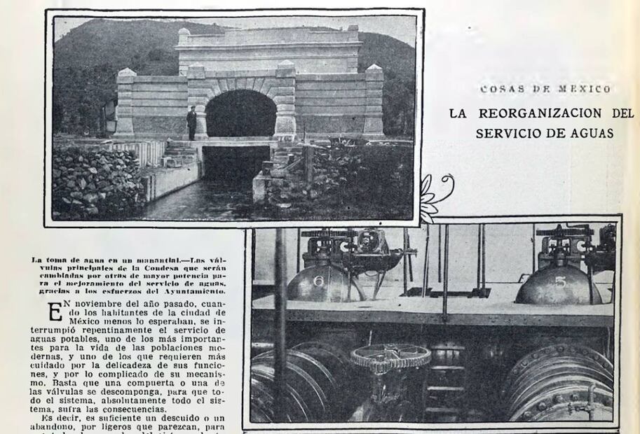 Esta página de EL UNIVERSAL Ilustrado, la antigua revista semanal, muestra (arriba) la foto de una toma de agua en un manantial, así como las bombas de la colonia Condesa (abajo) en 1923. Hemeroteca EL UNIVERSAL.