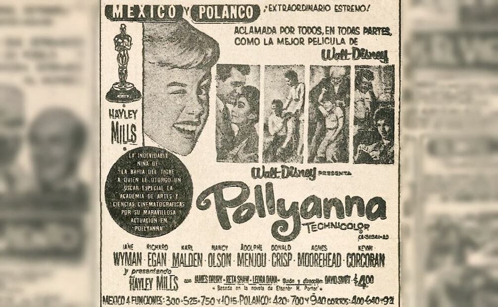 Anuncio de “Pollyana”, cinta por la que Hayley Mills ganó el último Oscar Juvenil de la historia. Foto: Hemeroteca EL UNIVERSAL.