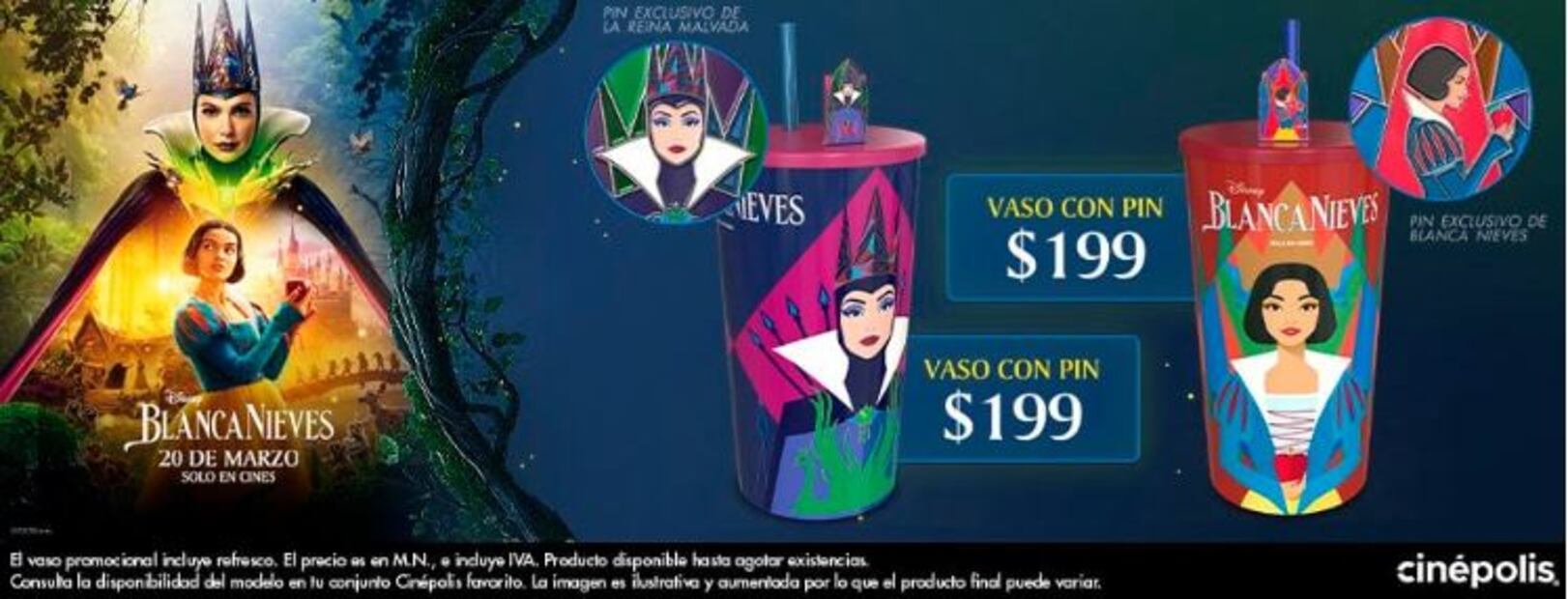 Cinépolis lanza vasos coleccionables de Blancanieves. Foto: Especial