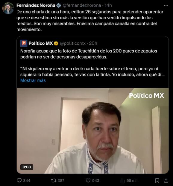 Gerardo Fernández Noroña, presidente de la Cámara de Senadores. Foto: captura de pantalla