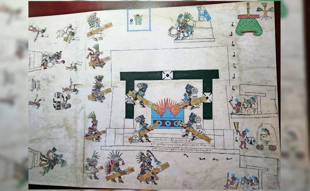 Lámina del Códice Borbónico que ilustra el uso de antorchas en la ceremonia del fuego nuevo. Foto: Emilio Mendoza