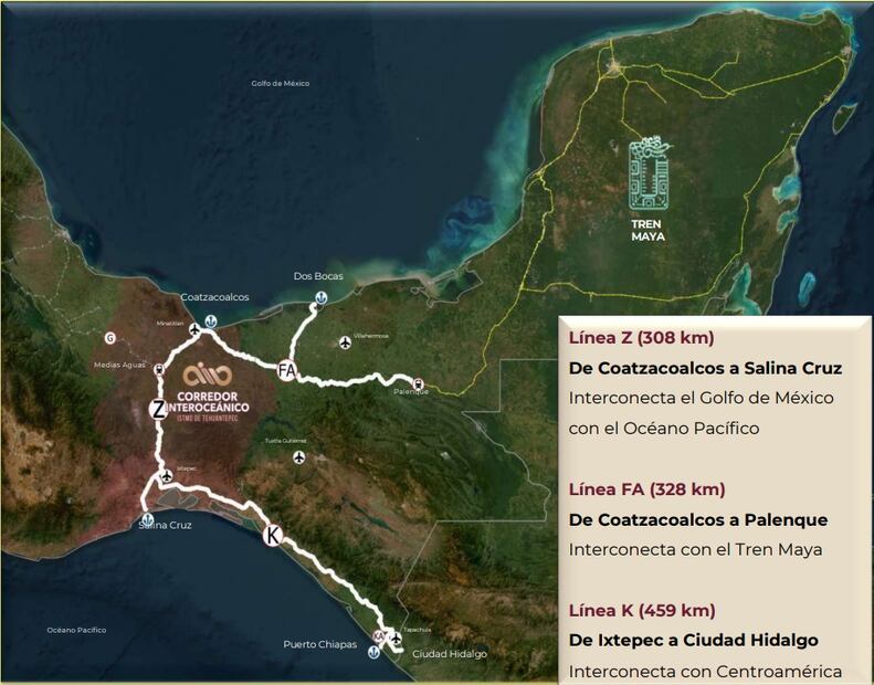 Mapa de la ruta del Tren Interoceánico. Foto: SEMAR