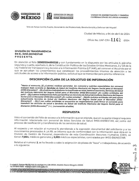 Los trabajadores denuncian que los cambiaron del Ramo 33, donde se estipulaba que tenían una plaza federal, al Ramo 47 de Entidades No Sectorizadas, en el que se encuentra el IMSS -Bienestar. Foto: Especial