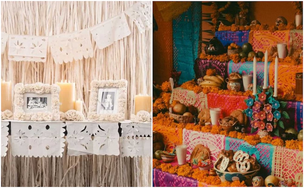 Contraste entre las actuales ofrendas aesthetic y una ofrenda de Día de Muertos tradicional. Foto: TikTok y Colegio Miguel Hidalgo