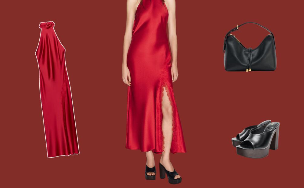 Un vestido rojo lencero basta para convertir una cena de noche en un momento especial. Foto: Zara