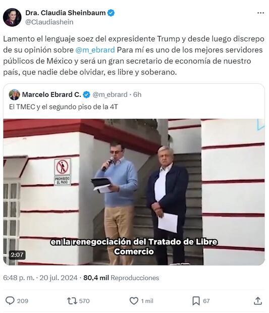 Claudia Sheinbaum defiende a Ebrard. Foto: Captura pantalla